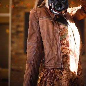 Black Rivet Cognac Brown Real Genuine Leather Jacket, size small